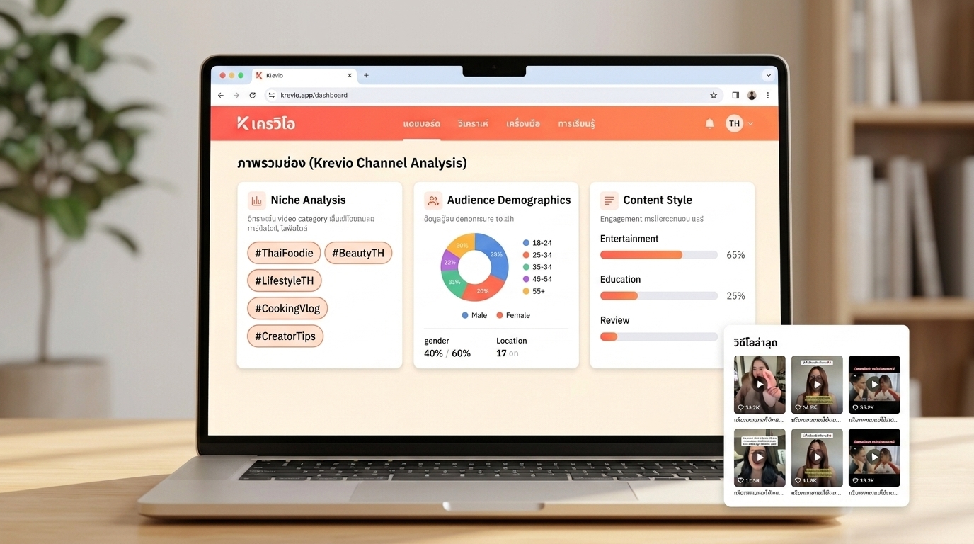 แดชบอร์ดวิเคราะห์ช่อง TikTok ของ Krevio · แสดง niche, audience demographics และ content style