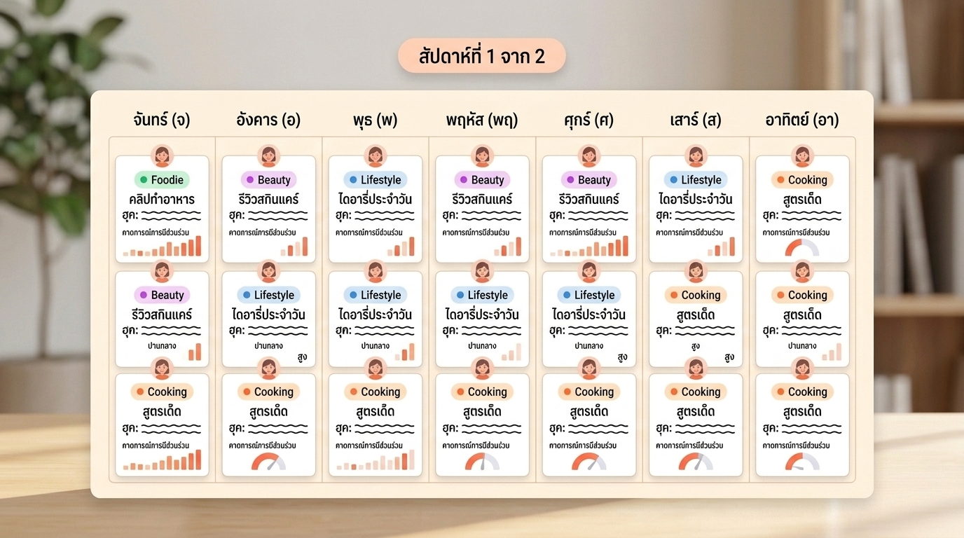ปฏิทิน Content Plan 7 วันของ Krevio · แต่ละวันมีหัวข้อ, hook และคาดการณ์ engagement สำหรับ TikTok