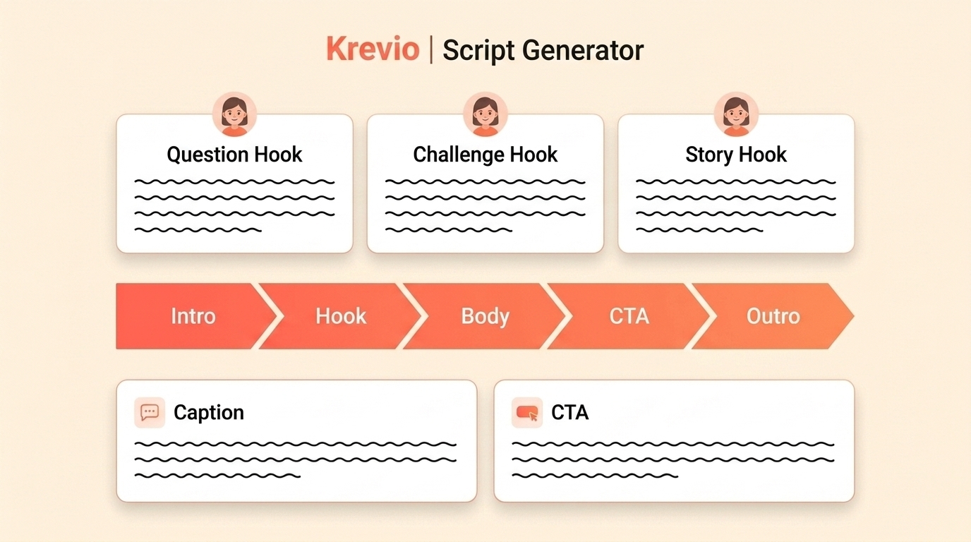 Script Generator ของ Krevio · สร้าง hook 3 แบบ, script timeline, caption และ CTA สำหรับวิดีโอ TikTok
