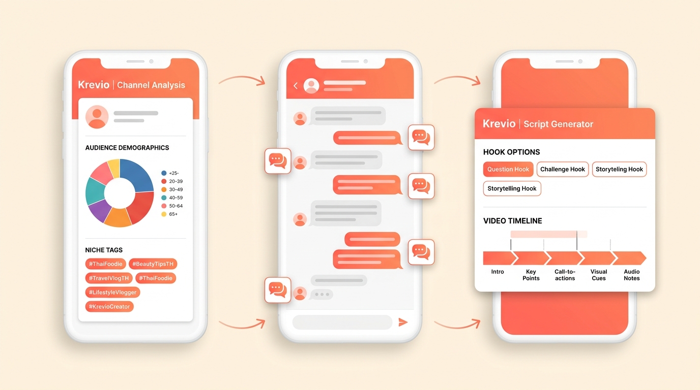 Workflow Krevio · จากการวิเคราะห์ช่อง ต่อไปยัง AI Chat และสคริปต์วิดีโอ TikTok